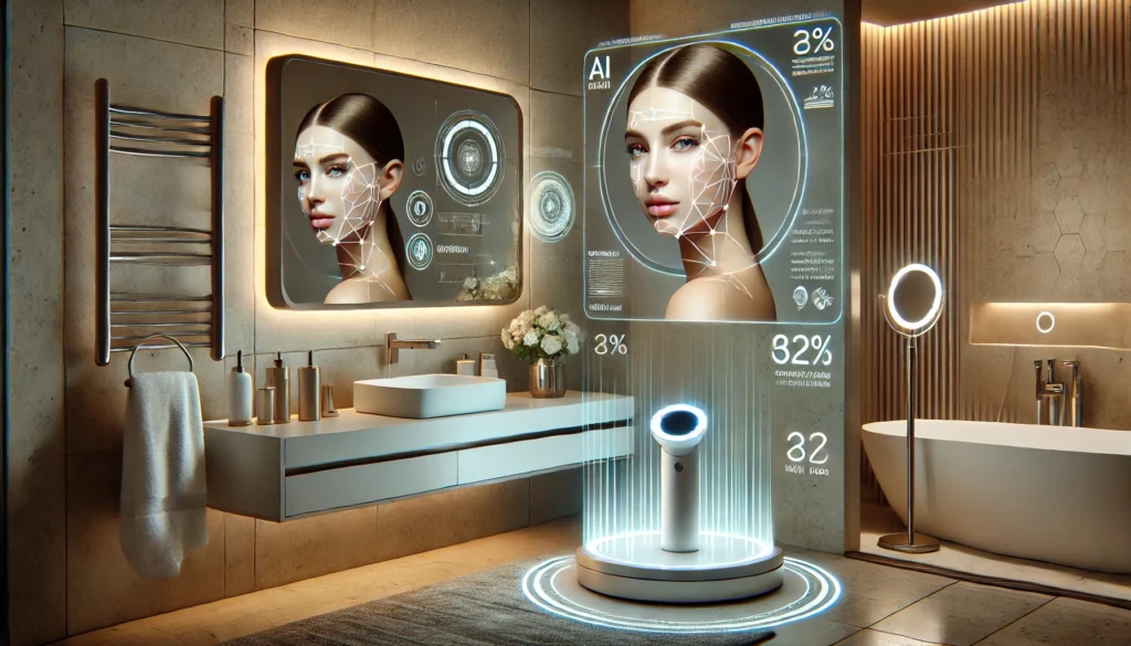 Futuristic AI-powered skincare system analyzing the face of a woman with a holographic overlay displaying facial scan diagnostics, set against a sleek and modern technological background.