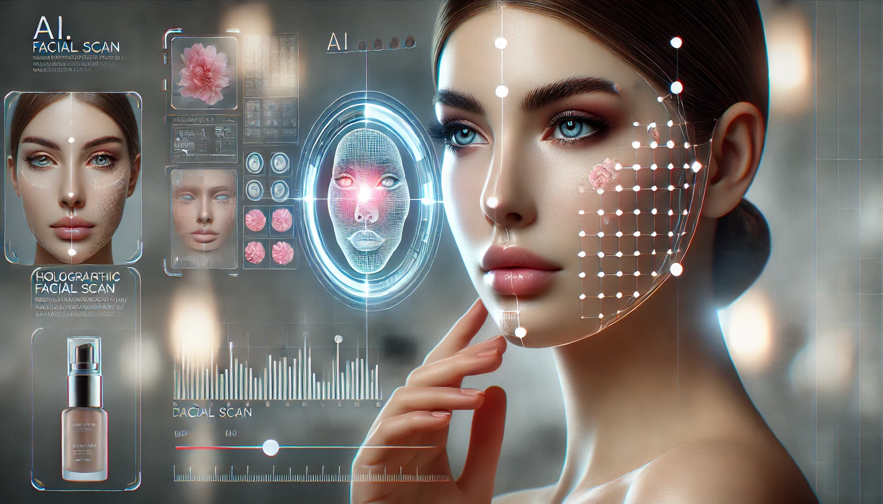 Futuristic AI-powered skincare system analyzing the face of a woman with a holographic overlay displaying facial scan diagnostics, set against a sleek and modern technological background.